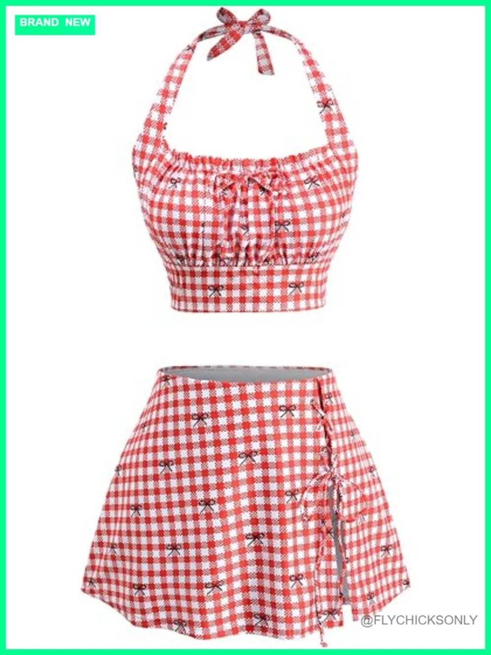 Plus Size Gingham Bowknot Print Lace-up Bikini Halter Two Piece Swimsuit with